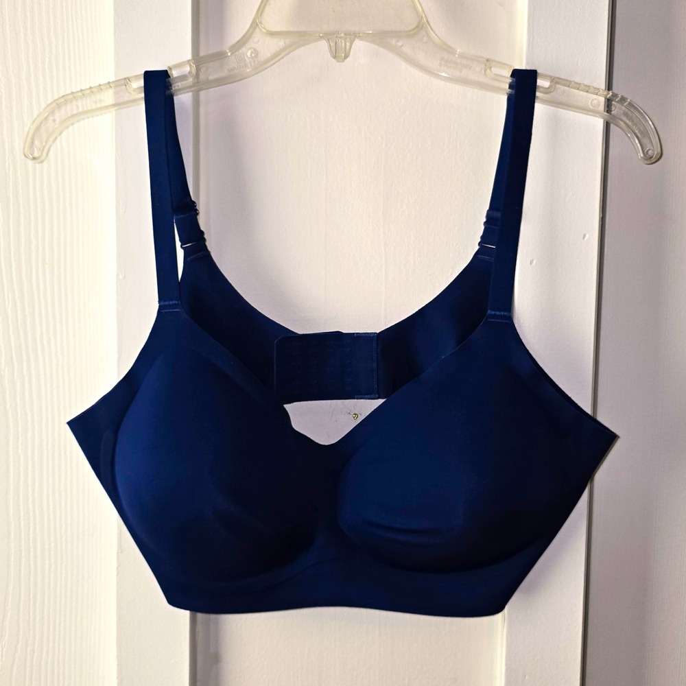 Wireless T-Shirt Bra Blue Solid Stretch Adjustable Straps XL Nylon Spandex